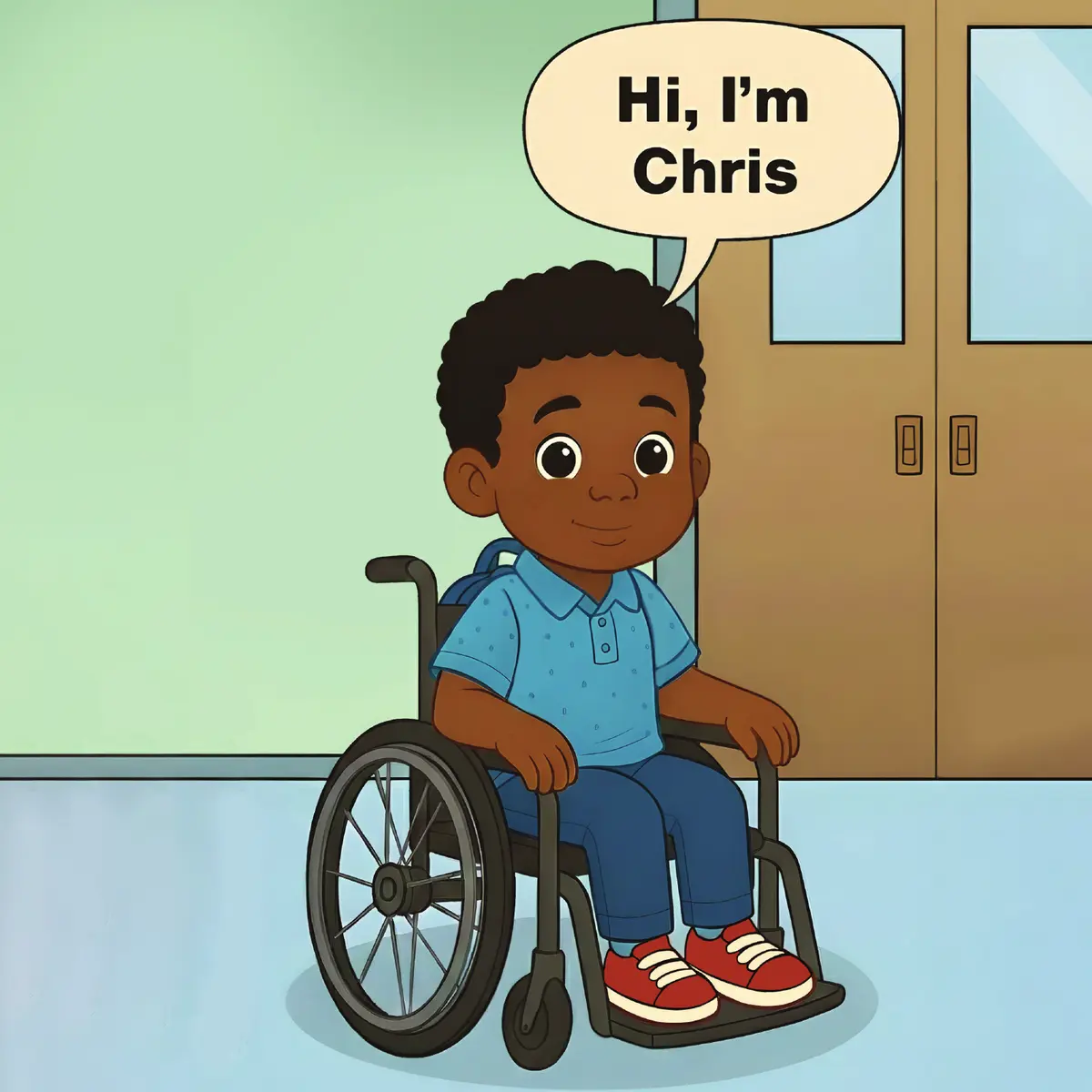 Chris smiling in his wheelchair