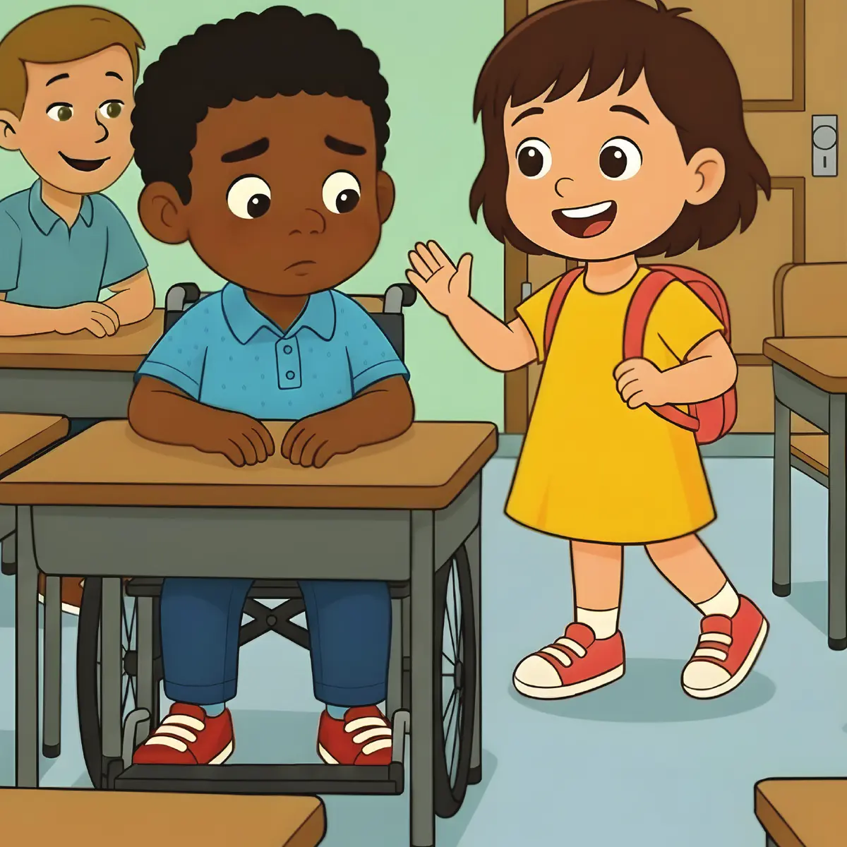Chris and JoJo talking together in their classroom